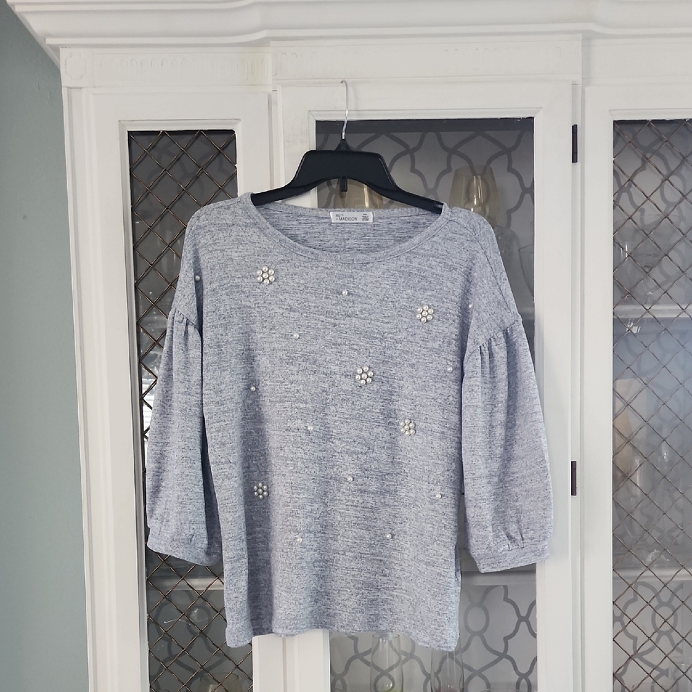 89th & Madison Light Blue Sweater with Floral Embellishments